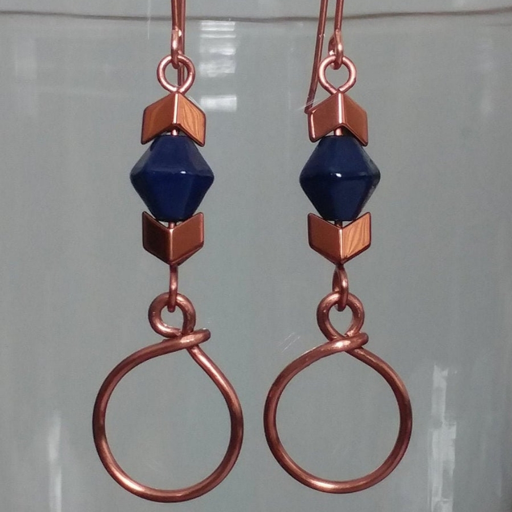 Boho Copper Hoop Arrow & Navy Geometric Earrings